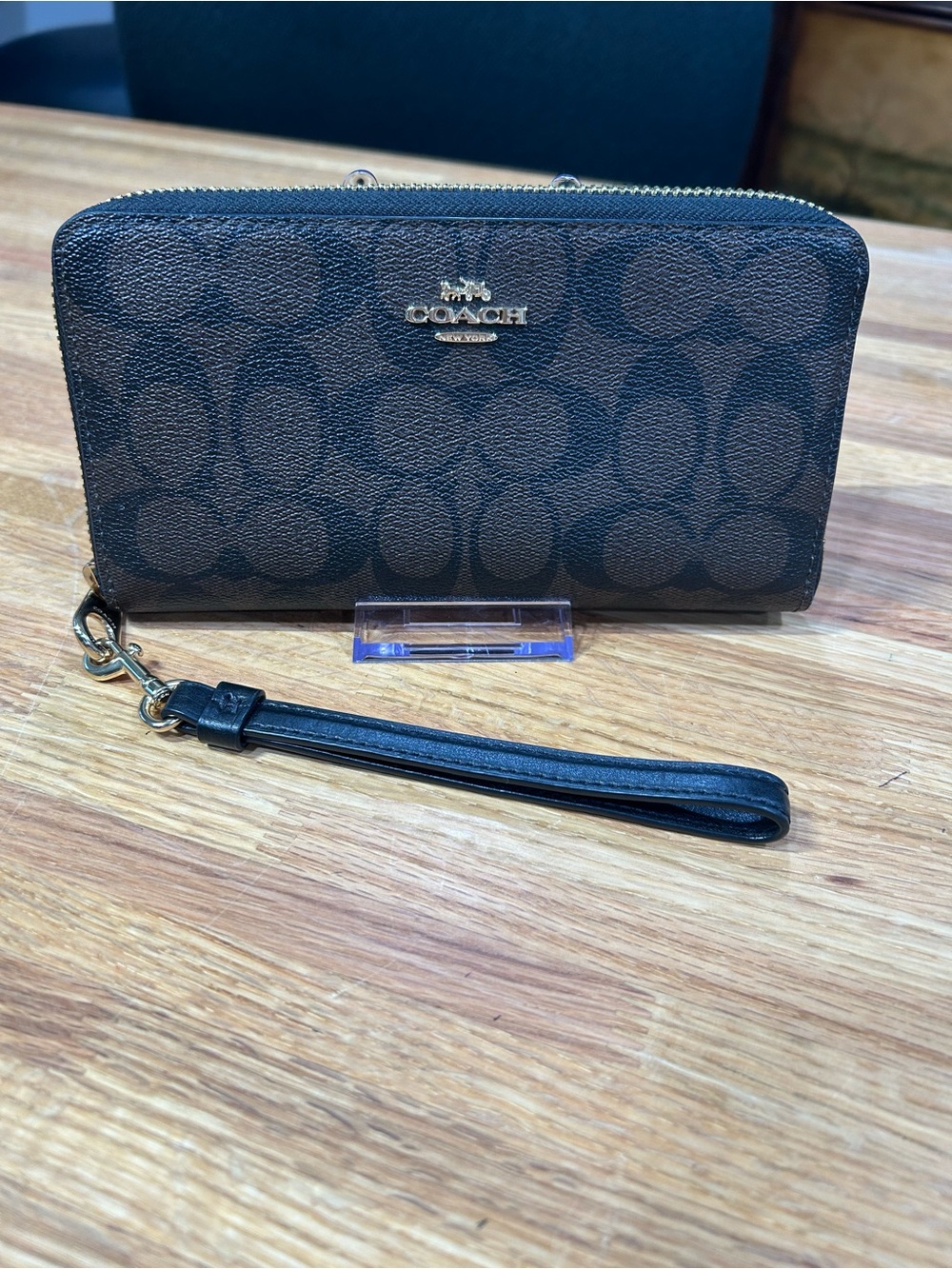 Coach Black/Brown Signature Zip Wristlet with Detachable Strap